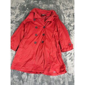 DKNY Womens Red Rain Coat Size L Double-Breasted Button Closure